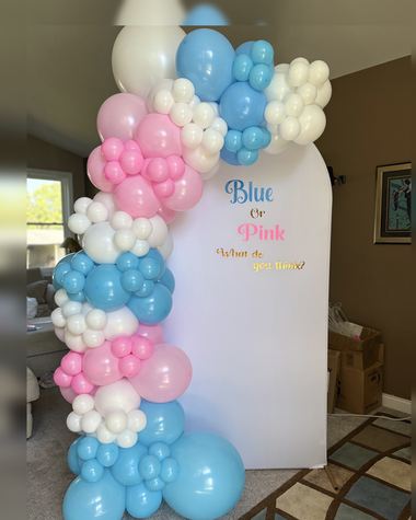 Pink, blue and pearl garland on a lettered arch panel, built by Sherri's Heavenly Balloons in central Indiana.