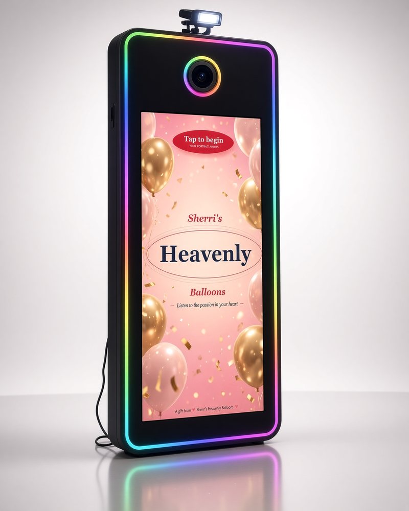Our 70-inch magic mirror photo booth showing its Sherri's Heavenly Balloons welcome screen