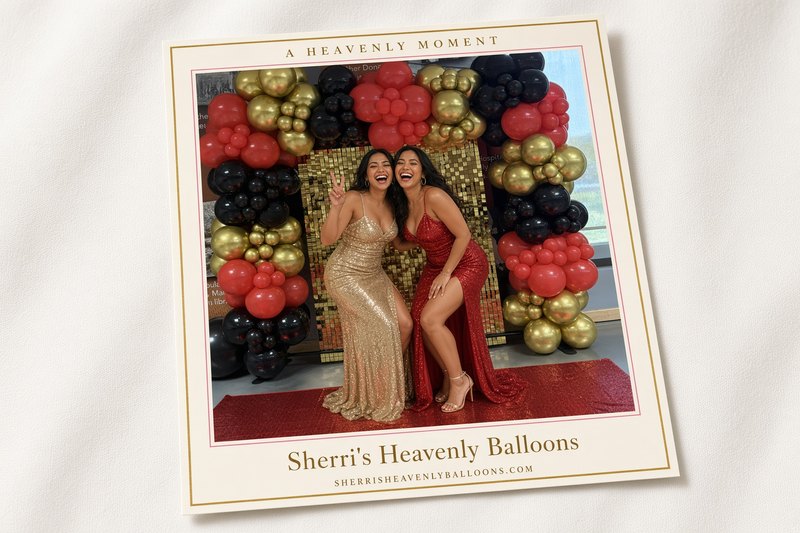 A 4x6 print from the mirror: two guests laughing in front of a gold shimmer wall and red, black and gold balloons, inside a cream border that reads A Heavenly Moment and Sherri's Heavenly Balloons