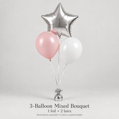 Example of a small mixed bouquet (3 balloons), 1 foil + 2 latex balloons · helium, ribbons and weight included