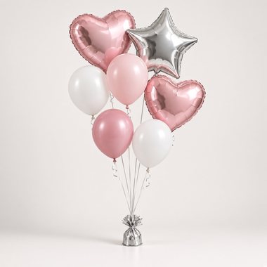 Example of a large mixed bouquet (7 balloons), 3 foil + 4 latex balloons · helium, ribbons and weight included
