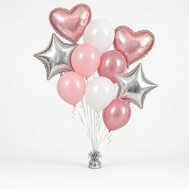 Example of a extra-large mixed bouquet (10 balloons), 4 foil + 6 latex balloons · helium, ribbons and weight included