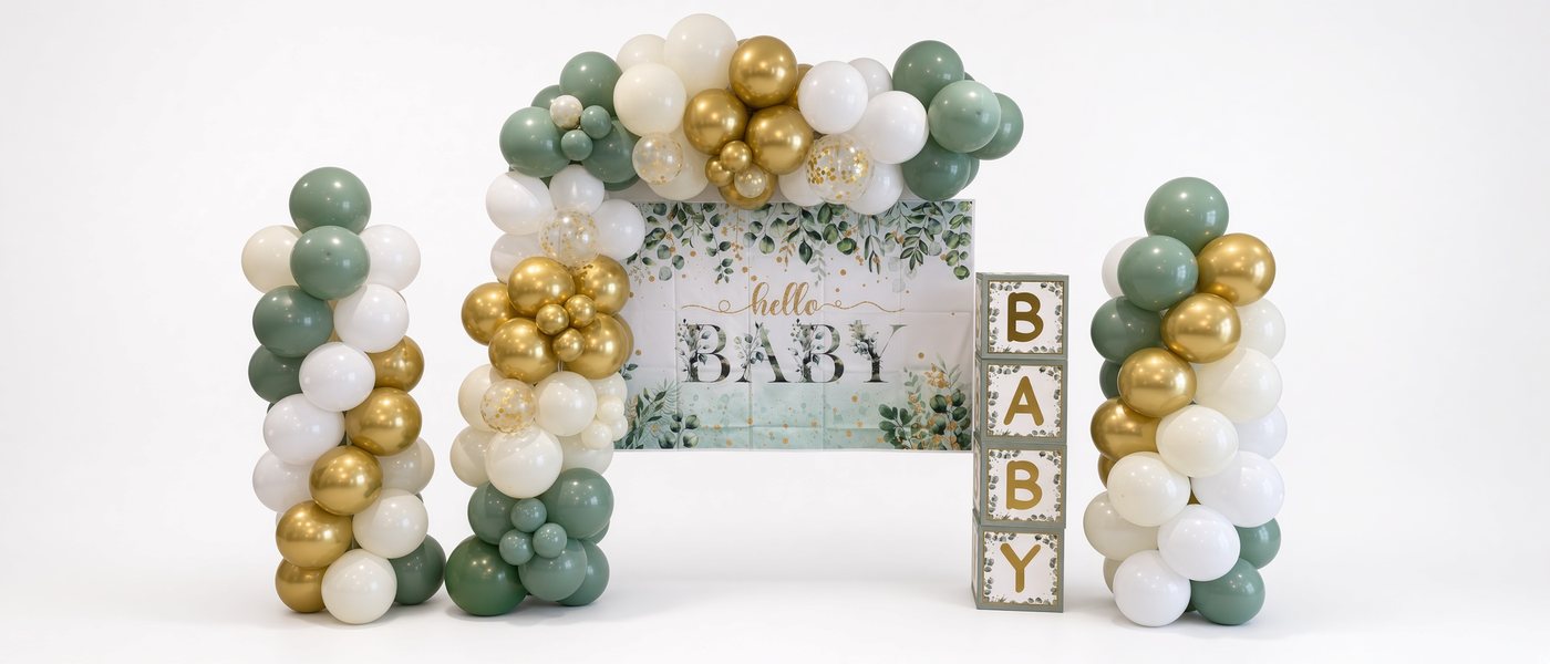 Sage, gold and white balloon garland by Sherri’s Heavenly Balloons